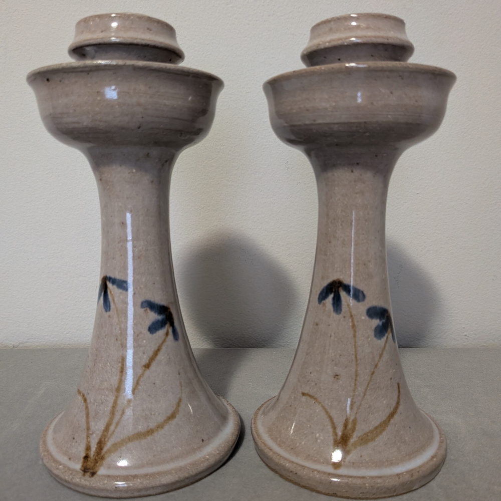 Jugtown Pottery Set Of Two 8" Candle Holders W/ Blue Flowers
